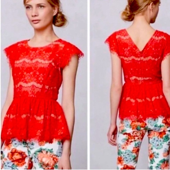 Anthropologie Tops - Anthropologie Maeve Red Lace Katrina Peplum Top Size Small